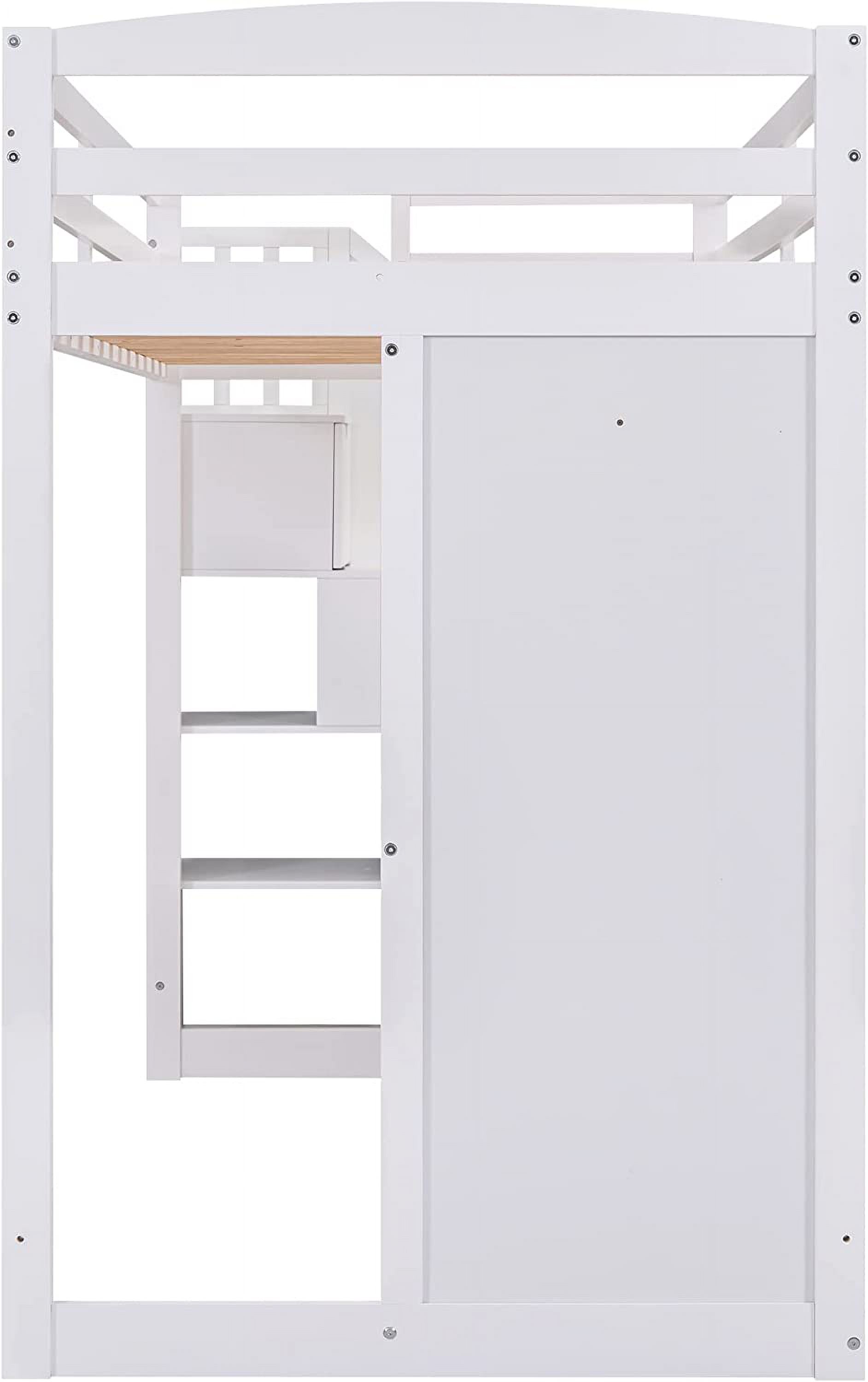 Loft Bed With Stairs And Wardrobe, Solid Wood Loft Bed Frame With Desk And Storage Drawers, Cabinet, For Kids Teens Adults ( Size, White)