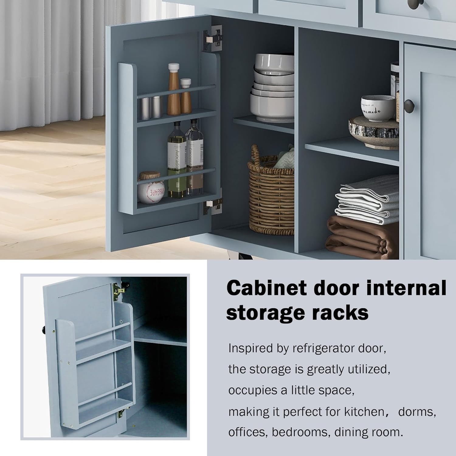 53.1inch Kitchen Cart with Rubber Wood Drop-Leaf Countertop, Cabinet Door Internal Storage Racks,Kitchen Island on 5 Wheels with Storage Cabinet and 3 Drawers for Dining Room, Blue