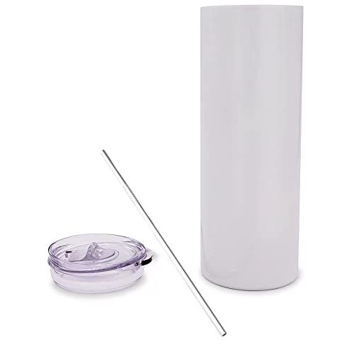 QOMOLANGMA Sublimation 20 oz Skinny Straight Tumbler Blank Stainless Steel Insulated Water Bottle Double Wall Vacuum Travel Cup With Sealed Lid and Straw White US Stock (25PCS)