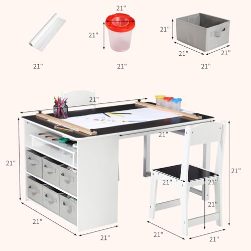 Kids Art Table and Chairs Set, Living and Learning Kids' Art Table and Stool Set with Large Storage Desk and Portable Art Supply Organizer, Kids Activity Table, Drawing and Painting Desk