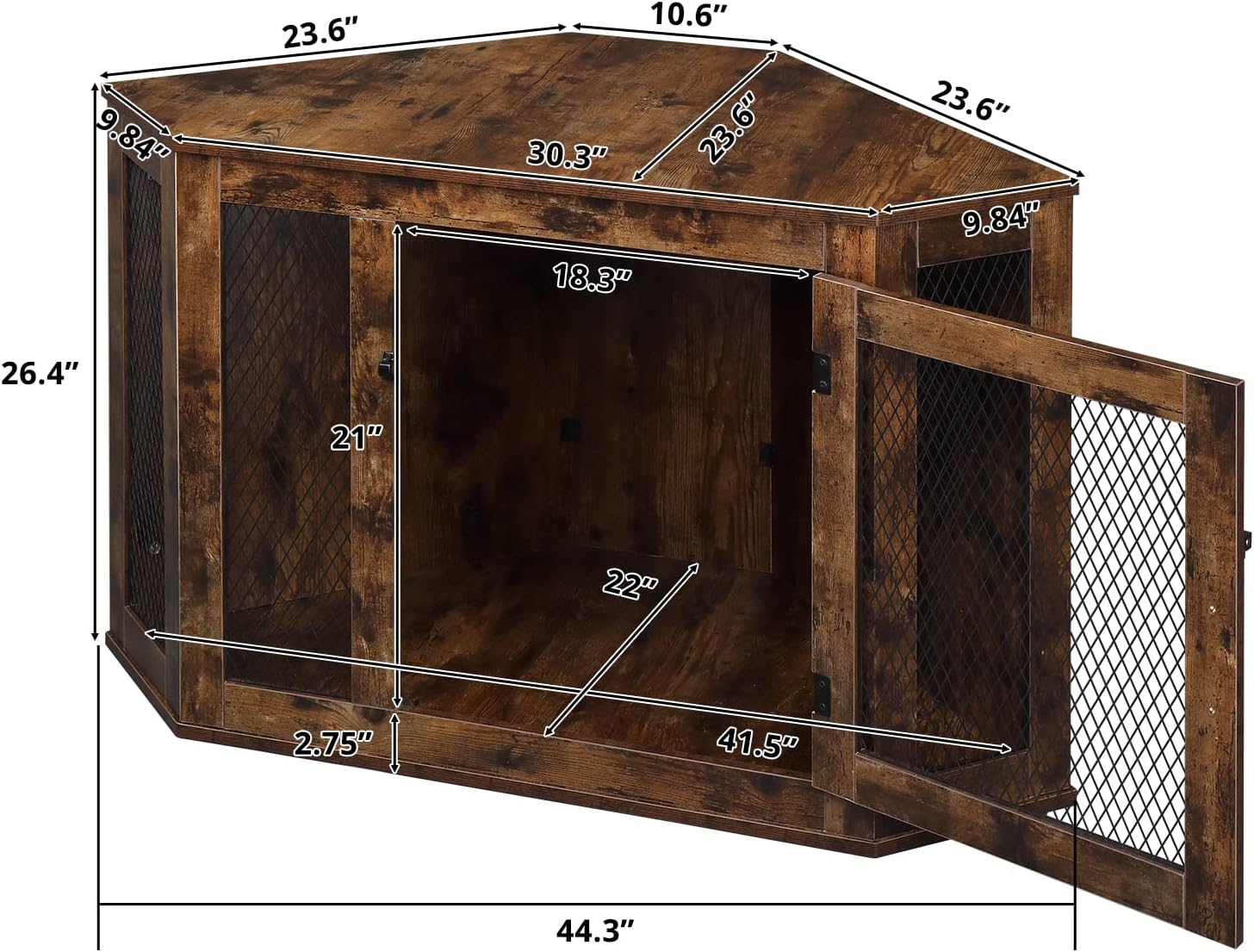 Furniture Corner Dog Crate, Lockable Doors, Dog Kennel with Wood and Mesh, Dog Crate for Small/Medium Dogs, Pet Crate Furniture, Dog House, Side End Table, Indoor Use, Rustic Brown