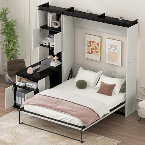 MERITLINE Full Murphy Bed with Desk & Storage Bookcase Shelves, White Wood Murphy Bed Cabinet Folding Wall Unit
