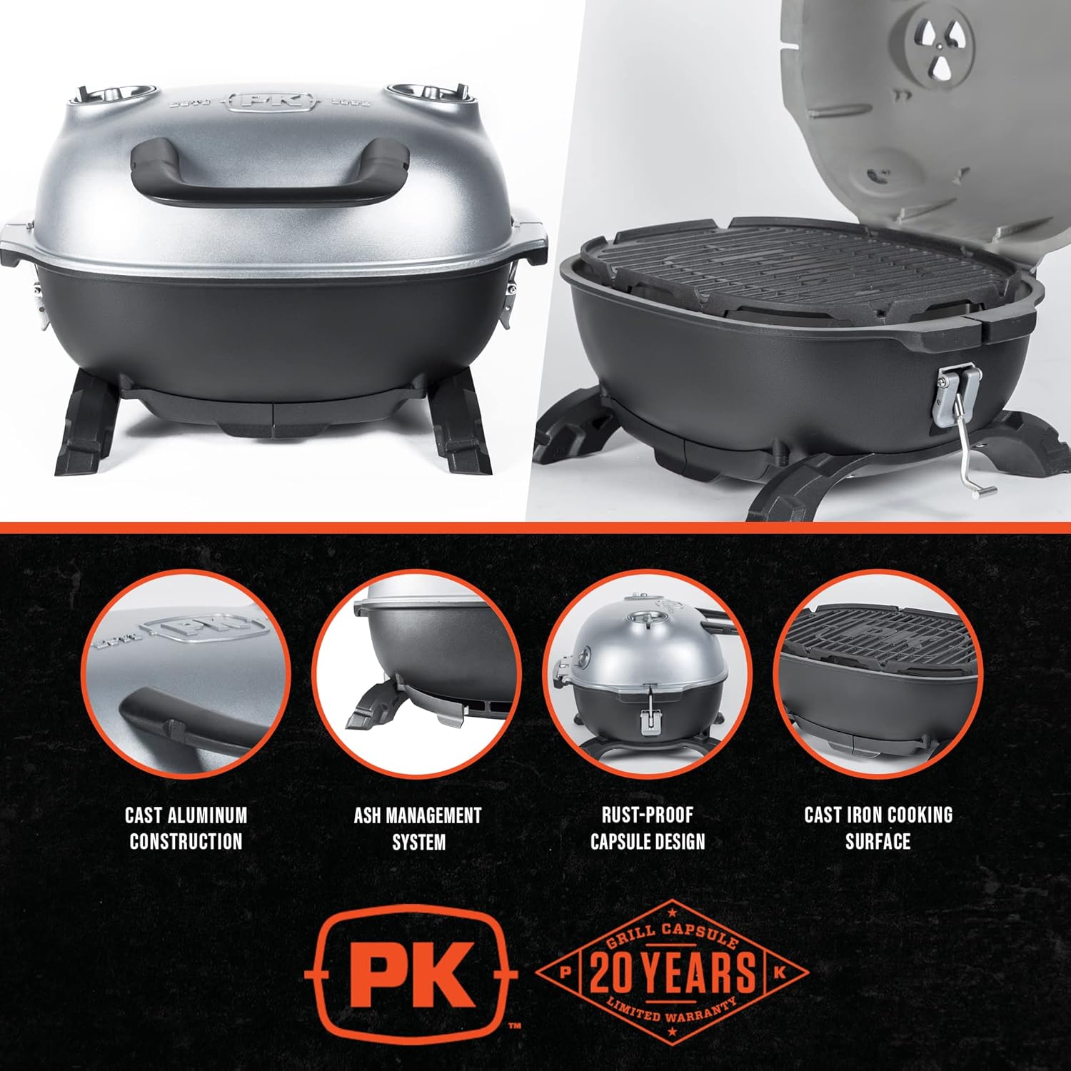 PK Grills PKGO Portable Charcoal BBQ Grill and Smoker with Lid, Cast Iron Aluminum Outdoor Kitchen Cooking Mini Barbecue Grills for Camping, Grilling, Tailgating, Grey PK PK200-SFL