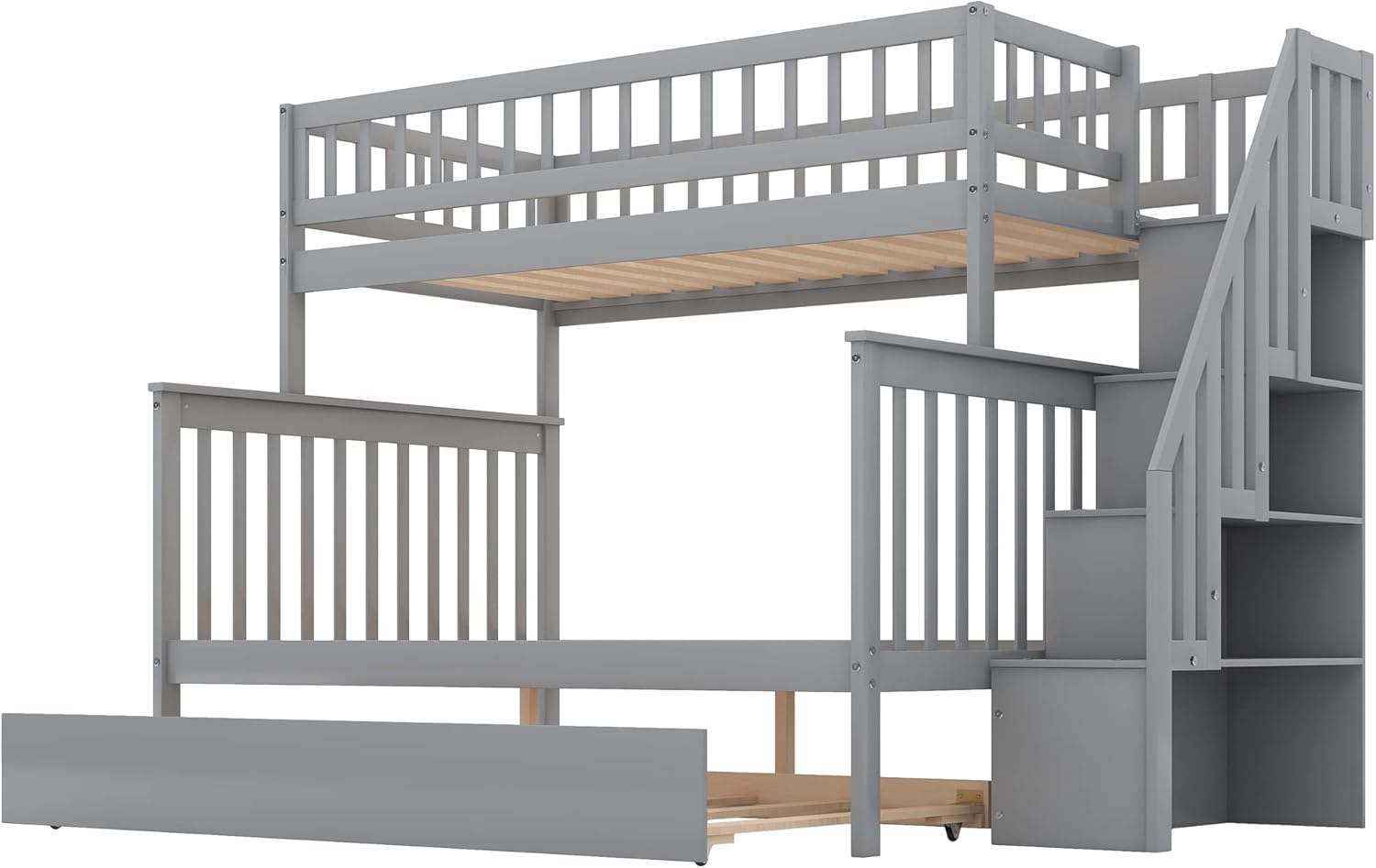 Bunk Beds with Trundle, Wood Space Saving Design Stairway Twin Over Full Bunk Bed Frame with Storage, Convertible to 2 Separated Beds, No Box Spring Needed, Gray