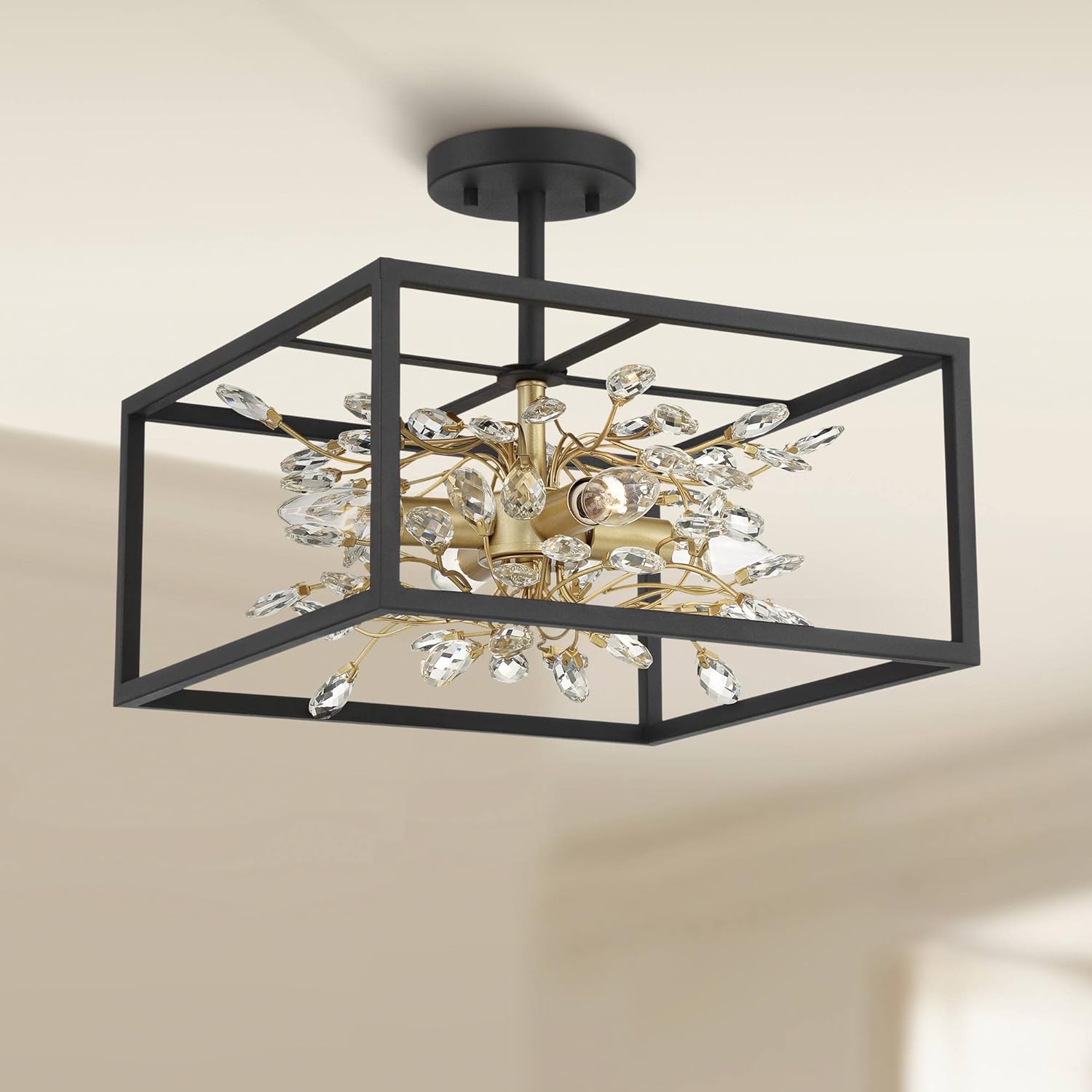 Possini Euro Design Carrine Modern Ceiling Light Semi Flush-Mount Fixture 14 1/4" Wide Black Metal Gold Branches 4-Light Clear Crystal for Bedroom Kitchen Living Room Hallway Bathroom House Home