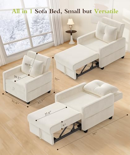 Sleeper Sofa Chair, 3 in 1 Convertible Sleeper Chair with Adjustable Backrest, 32" Pull Out Couch Bed 400lbs Support, Comfy Velvet Small Sofa Bed for Small Space with Pillow & 2 Pockets, Blue