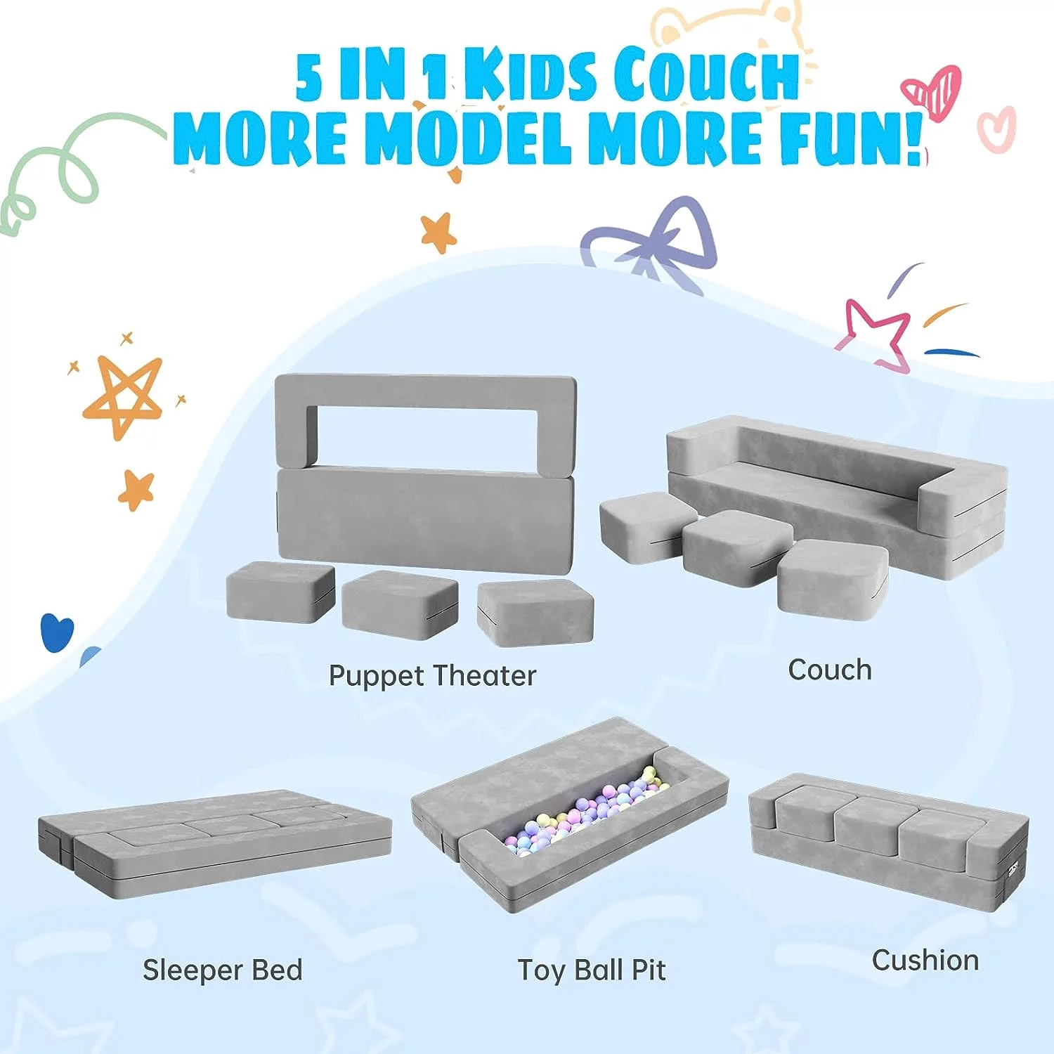 Kids Couch with 3 Ottomans, Wanan Toddler Couch for Playroom Bedroom, 5 in 1 Modular Kids Couch Fold out Sofa Kids Floor Sofa for Toddler and Baby, Play Couch Sofa for Kids, Gray