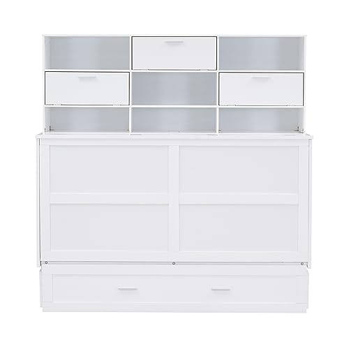 Murphy Bed Queen Size Cabinet BedFrame with Bookcase, Bedside Shelves and a Big Drawer for Bedroom and Guestroom,Office,White