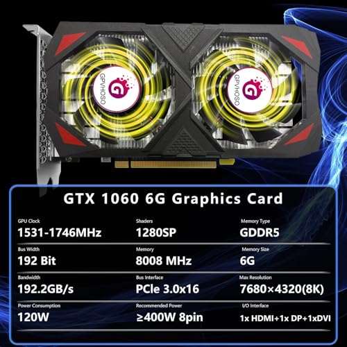 GTX 1060 6GB Graphics Card GDDR5 192Bit 4K VR Ready Video Cards with Dual Cooling Fans, Support Direct X12 PCIe3.0 * 16 HDMI DVI DP, High Performance for Gaming and Creative Work