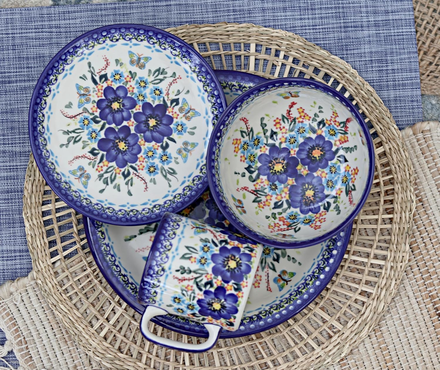 Blue Rose Polish Pottery Garden of Blue 4 PC Place Setting - Service for 1