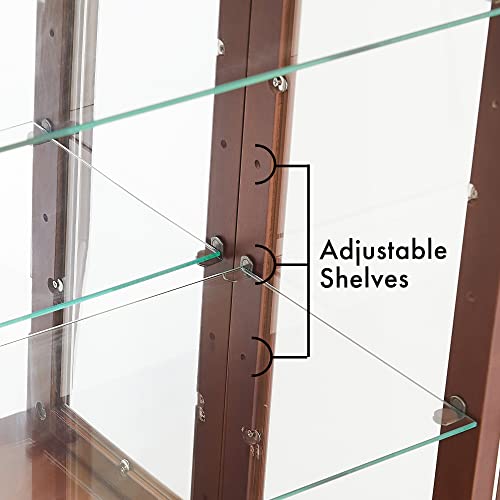 Wooden Lighted Curio Display Storage Cabinet with 3-Tier Adjustable Shelves Mirrored Back Panel, Tempered Glass, Magnetic Door Closures, Floor Mount, Classic Style, Walnut
