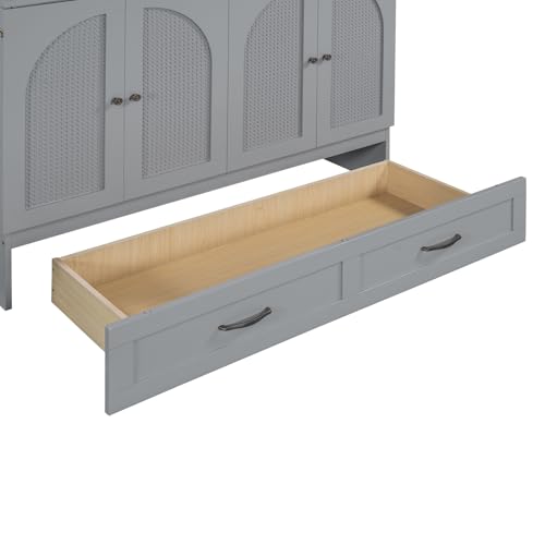 Full Size Murphy Bed Cabinet, Solid Wood Murphy Bed with Charging Station and Large Storage Drawer, Wall Mounted Foldable Platform Bed, Space Saving for Guest Room, Office, Gray