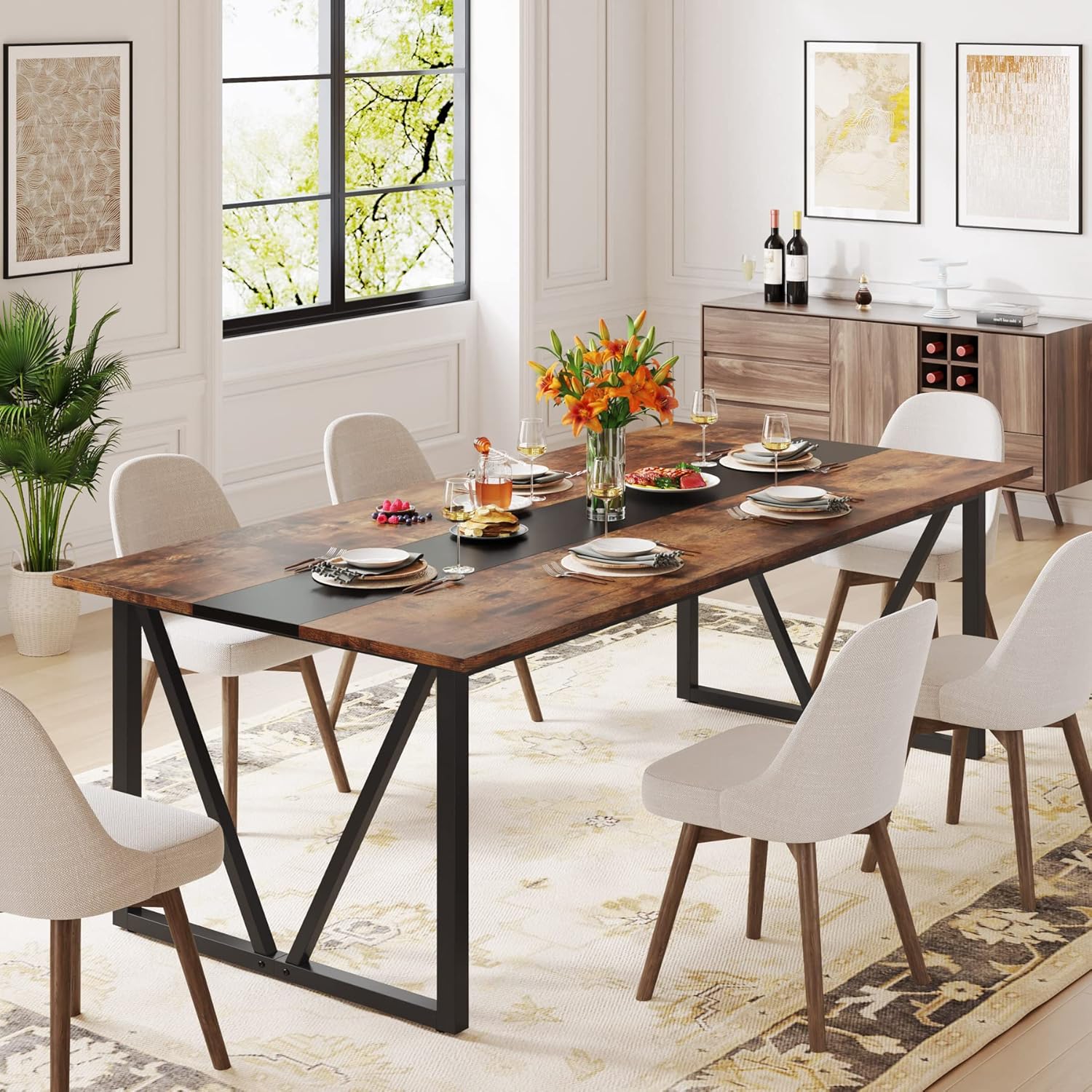 TRIBESIGNS WAY TO ORIGIN Dining Table for 6-8 People, 70.8-inch Rectangular Wood Kitchen Table with Strong Metal Frame, Industrial Large Dining Room Table for Kitchen, Living Room (Rustic Brown)
