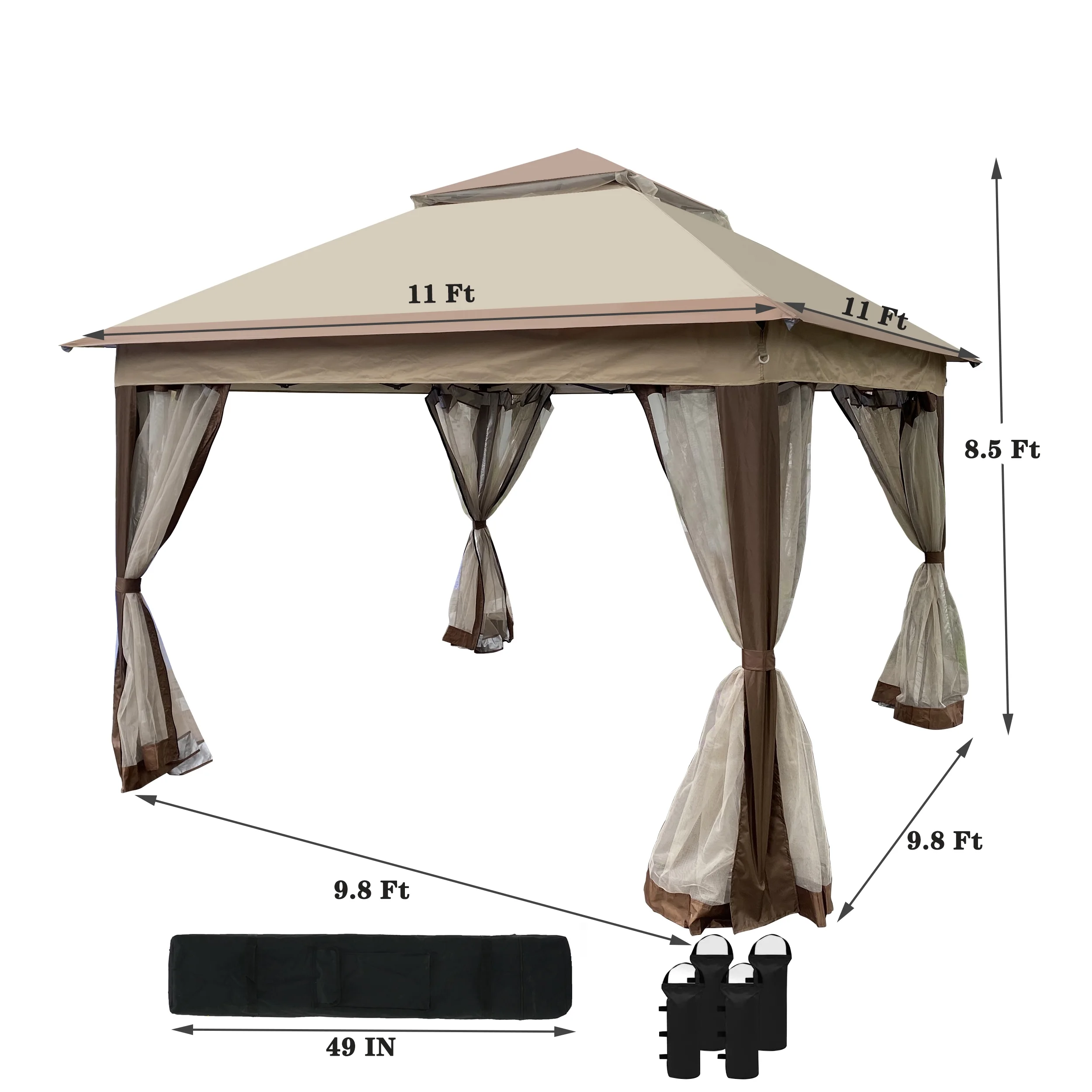 CoSoTower Outdoor 11X 11FT Pop Up Gazebo Canopy with Removable Zipper Netting, 2-Tier SoFT Top Event Tent, Suitable for Patio Backyard Garden Camping Area with 4 Sandbags, Coffee