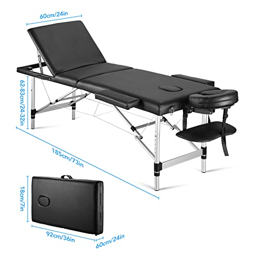 Careboda Portable Massage Table 3 Fold 23.6" Wide, Height Adjustable Aluminum Massage Bed with Headrest, Armrests and Carry Bag, Professional Massage Tables for Spa, Salon, Tattoo