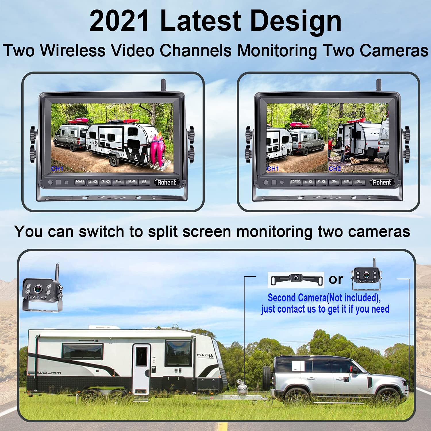 Wireless Backup Camera for RV HD 1080P with 7 Inch DVR Monitor High-Speed Rear View Observation System for RVs Trucks Trailers 5th Wheels with Adapter Compatible with Furrion Pre-Wired RV Rohent R9