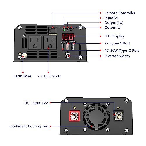 Power Inverter Pure Sine Wave 1200 Watt 12V DC to 120V with USB Ports Type-C PD30W and QC 3.0 Fast Charger with Remote for RV Car Solar System Emergency