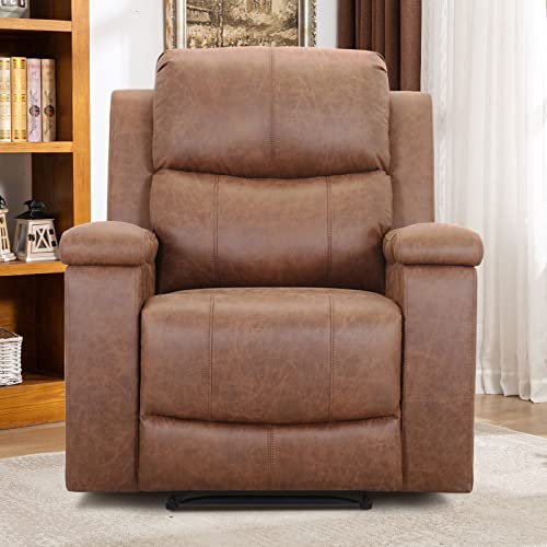 CANMOV Leather Recliner Chair, Classic and Traditional Manual Recliner Chair with Overstuffed Arms and Back, Manual Single Sofa with Concealed Cup Holders,Red Brown
