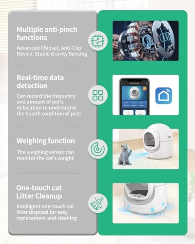 Self-Cleaning Cat Litter Box, 85L Extra Large Automatic Cat Litter Box with APP Control, Safety Protection, Odor-Removal &Weight Monitoring, for Multiple Cats,White&Grey