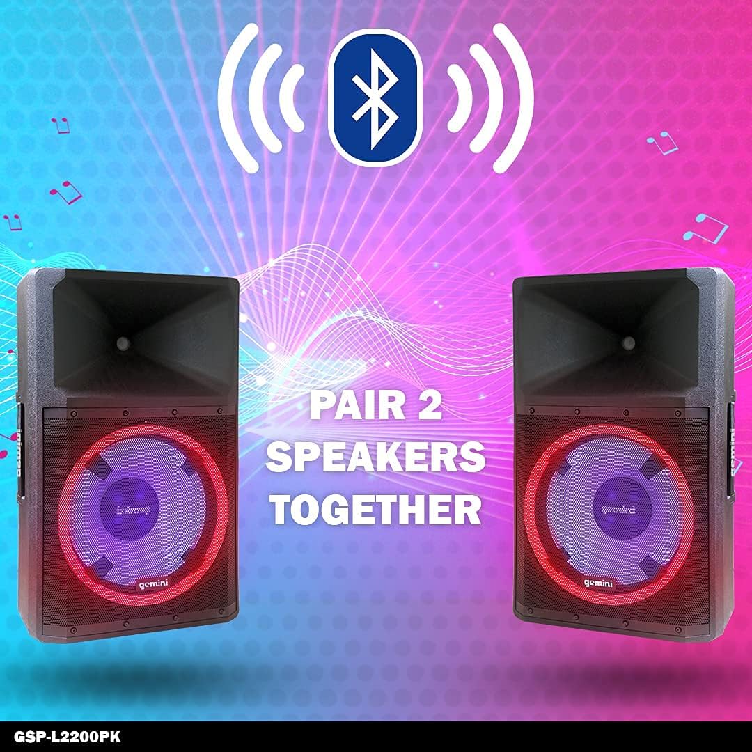 Gemini Sound GSP-L2200PK Indoor Outdoor Ultra Powerful Bluetooth 2200W Watts Peak Speaker, 15 Inch Woofer, LED Party Lights, Built in Media Player, FM Radio, USB/SD Card/Microphone, Speaker Stand