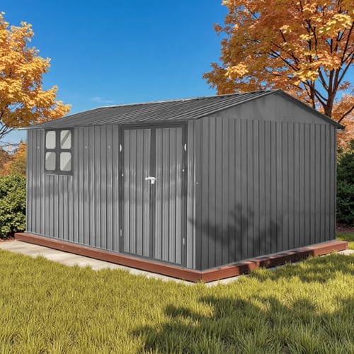 10' x 8' Large Outdoor Storage Shed, Sturdy Metal Building w/Windows & Lockable Doors for Garden, Backyard, Poolside and Lawn, Grey