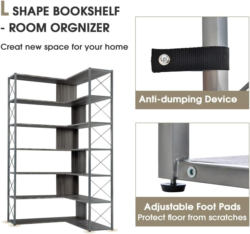 7-Tier L-Shaped Industrial Corner Bookcase Bookshelf Open Storage Silver MDF Natural Finish