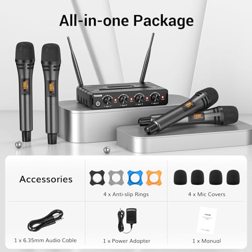 TONOR Wireless Microphones System with 4x10 Channels Cordless Handheld Microfono Inalambrico, 200FT UHF Range, Mics with stable signal Transmission for Karaoke Singing Party Church Wedding PA Speaker