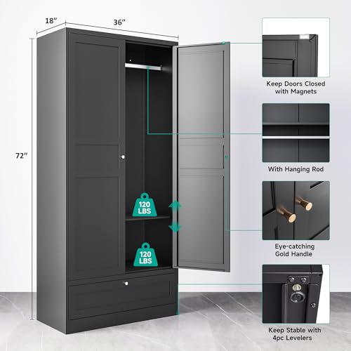 Metal Wardrobe Cabinet,Armoire Wardrobe Closet with doors,White Metal Clothing Storage Cabinet with Adjustable Shelves and Hanging Rod,72" Wardrobe Storage Cabinet for Home,Bedroom Armoires,Laundry