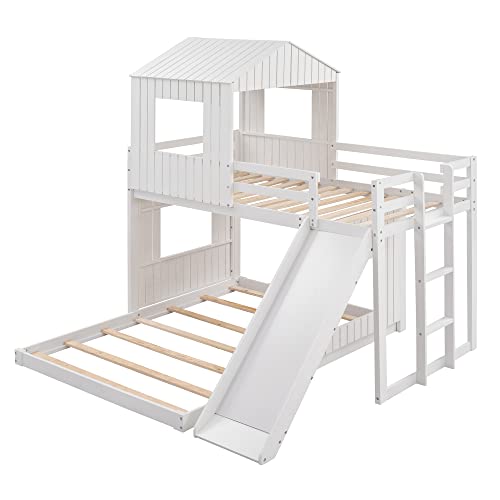 Harper & Bright Designs House Floor Bunk Beds with Slide, Wooden Twin Over Full Bunk Beds with Slide, Roof and Guard Rail for Kids, Teens, No Box Spring Needed (White, Twin Over Full Size)
