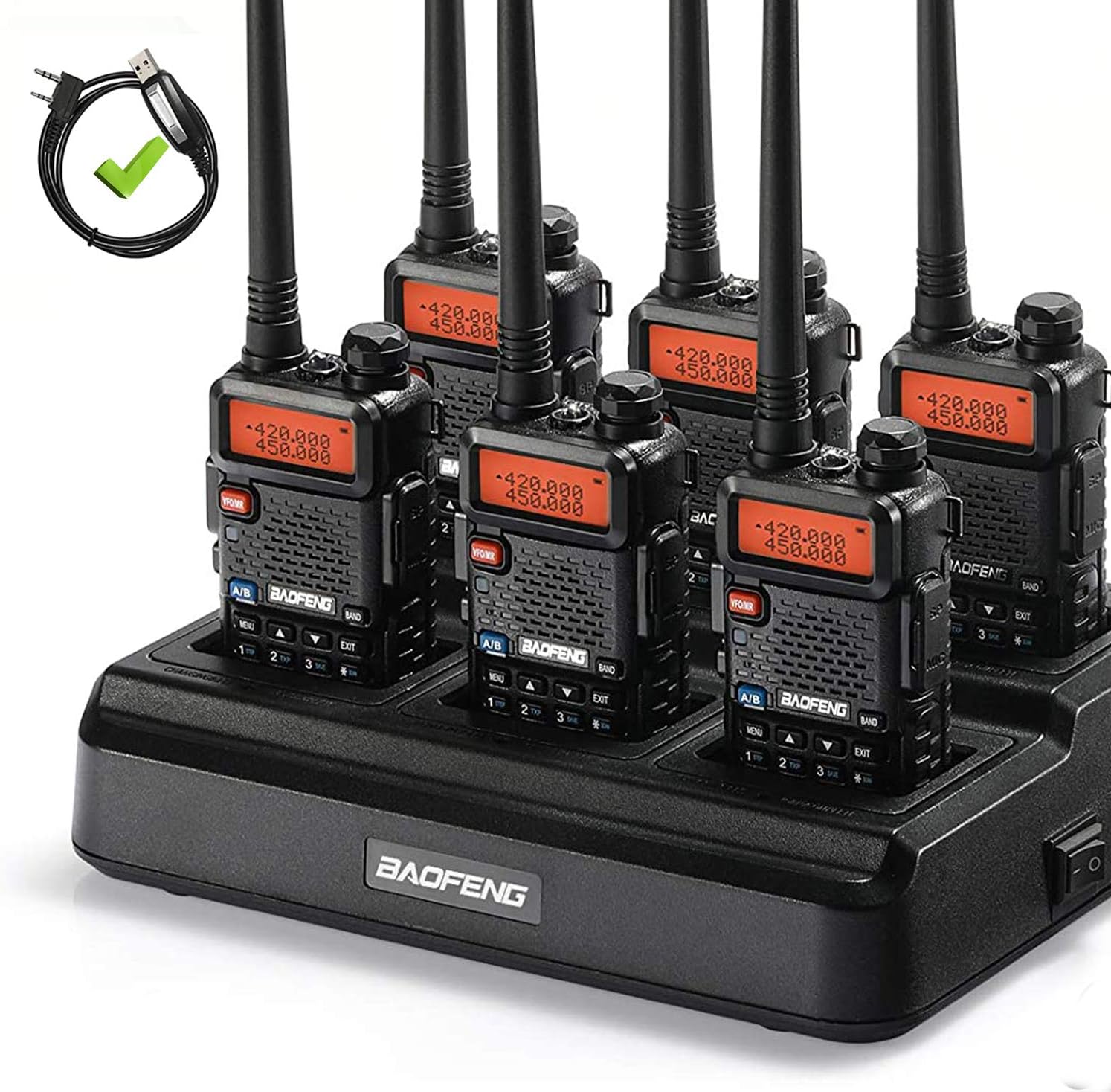 6pcs BAOFENG GT-5R Walkie Talkies Long Range, Legal Upgraded Two Way Radio for Adults, Dual Band 144-148MHz 420-450MHz, Ham Radio Rechargeable, with Six-Way Charger and Programming Cable