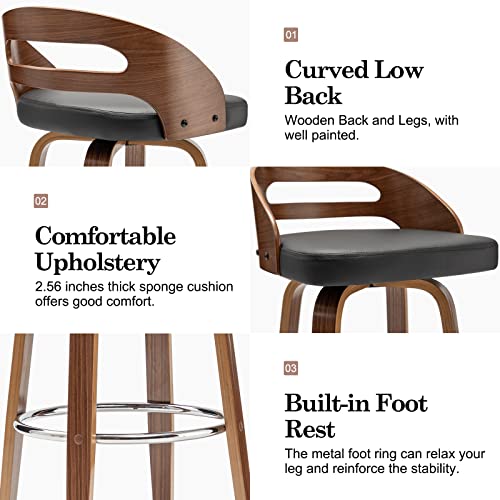 Bar Stools Set of 2, Swivel Bar Height Stools with Low Back, Wood Bar Chairs with Soft Cushion Seat, 24.6-Inch Seat Height (Black-1, 26" Counter Height)