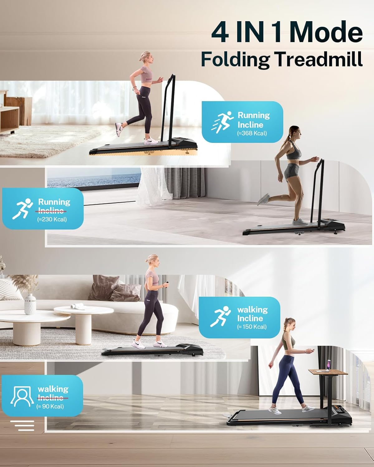 Walking Pad Treadmill with Incline, Under Desk Treadmill for Home Office, 4 in 1 Portable Folding Treadmills, 265lbs Capacity 2.5HP Low-Noise Walking Pad for Walking Jogging Running