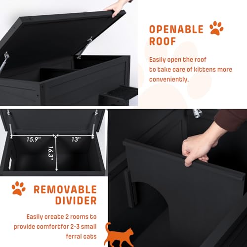 BRIOPAWS Outdoor-Cat-House-Insulated | Feral-Cat-Shelter for Winter | Weatherproof | Large Wooden Pet House for Multiple Cats | Foldable Ladder | Acrylic Side Window | Grey