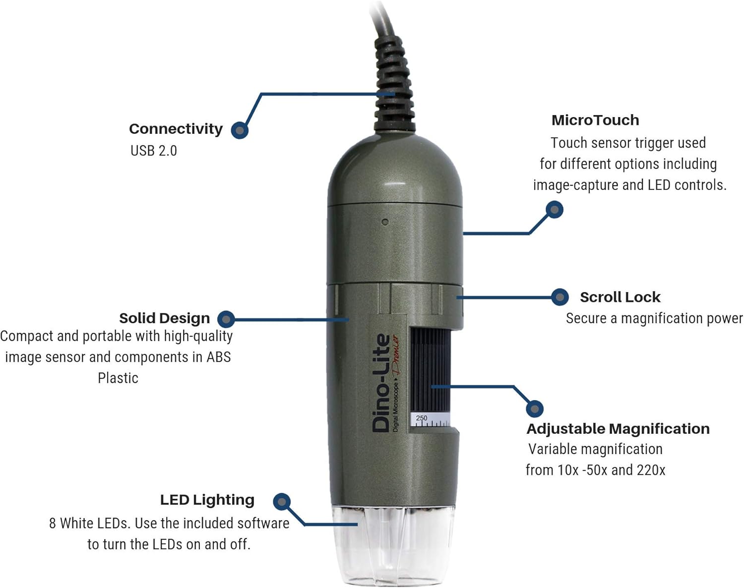Dino-Lite USB Digital Microscope AM4113T - 1.3MP, 10x - 50x, 220x Optical Magnification, Measurement
