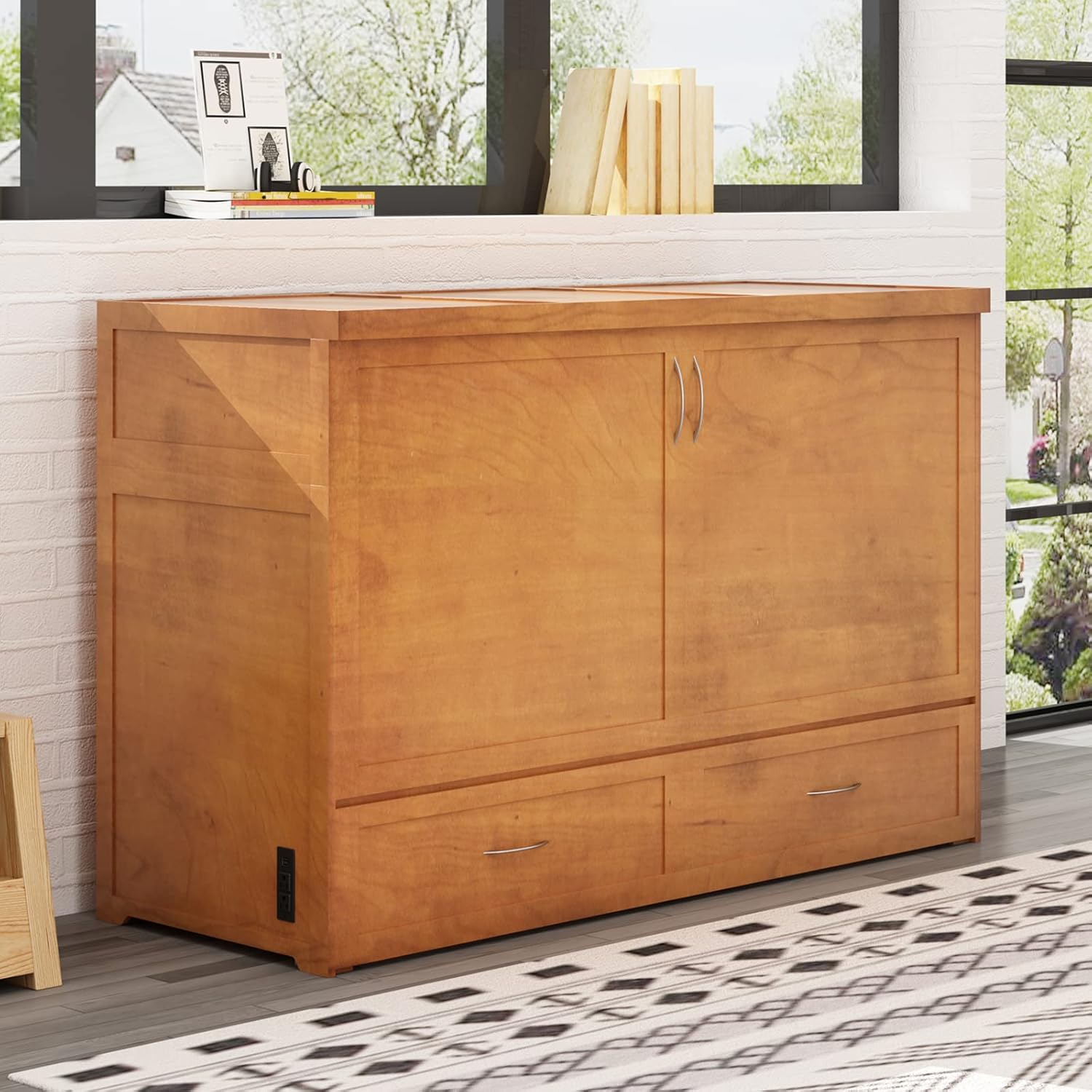 Multifunctional Murphy Cabinet Bed with Built-in USB Power Strip& 2 Drawers, Foldable Platform Bed - Cherry