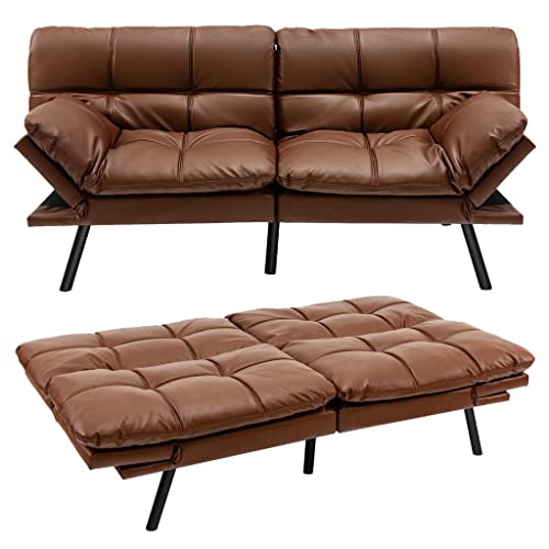 Convertible Futon Sofa Bed Memory Foam Couch Sleeper W/Adjustable Armrest Brown