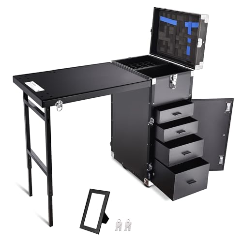 BYOOTIQUE Rolling Manicure Table Foldable Nail Table Makeup Train Case Tattoo Station Portable Nail Desk Workstation with 4 Drawers Mirror for Salon Travel, Black