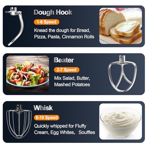 Honinst Stand Mixer, 6.5QT 10-Speed 660W Tilt-Head Electric Stand Mixer, 3-In-1 Kitchen Mixer with Bowl, Dough Hook, Whisk and Beater, Food Mixer for Baking, Cake and Most Home Cooks