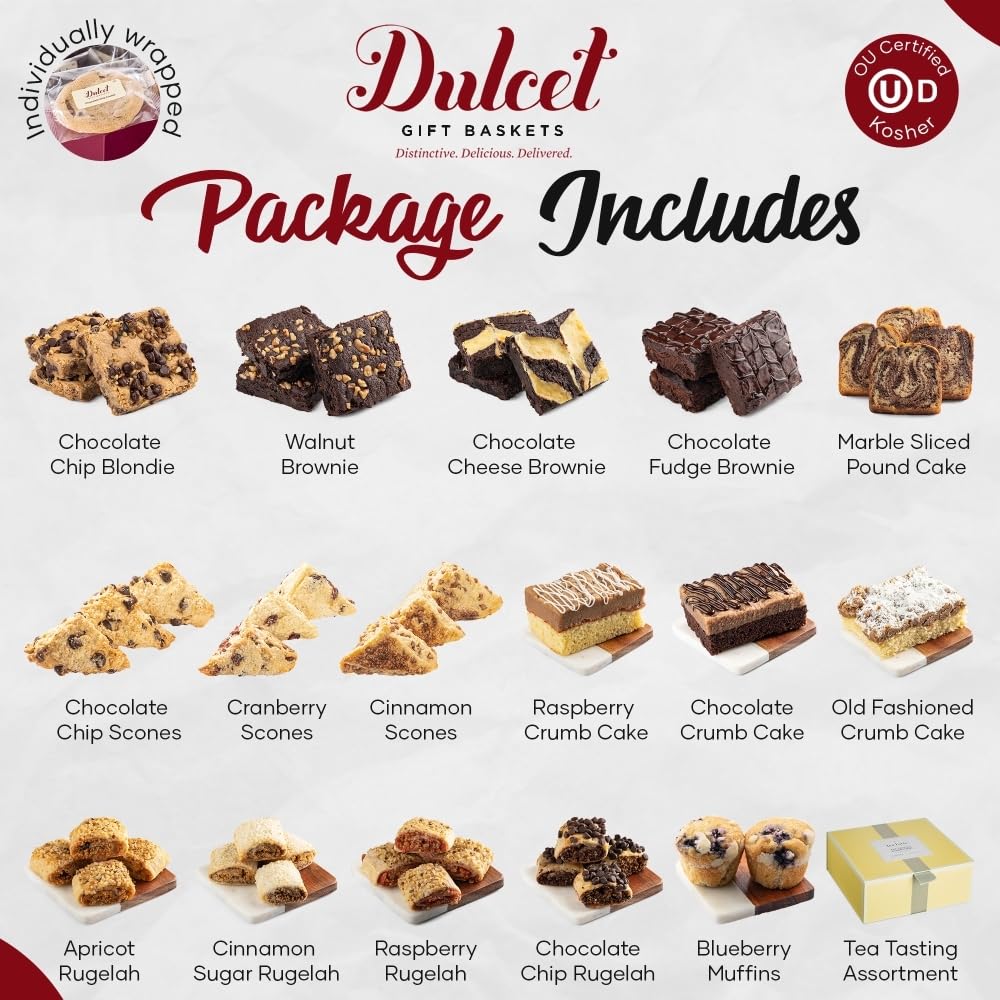 Dulcet Gift Baskets Herbal Tea and Biscuit Tower Sampler - Scones, Crumb Cake, Muffins - Holidays, Birthday, Sympathy, Get Well - Family or Office