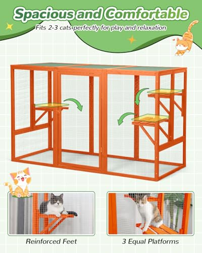 Catio Outdoor Cat Enclosure,71" L Outside Cat House Weatherproof, Wooden Large Catios for Cats Patio, Cat Houses with 3 Platforms,Grey