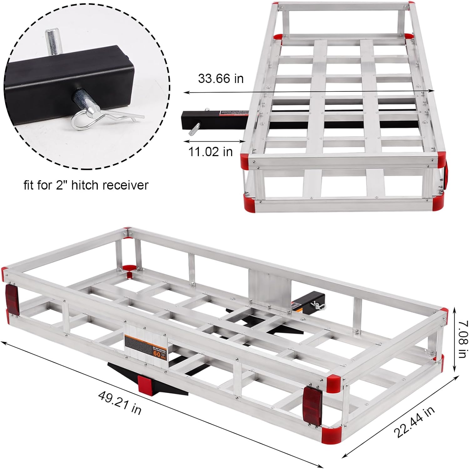 Hitch Cargo Carrier 49.4 x 22.4 x 7.1 inch,Trailer Hitch Mount Aluminum Cargo Basket Fits 2" Hitch Receiver, Luggage Carrier Rack for RV's, Trucks, Pickups, 500lb Capacity,Silver