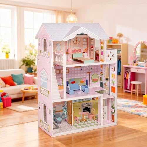 Large Wooden Dollhouse with Working Elevator & Balcony - 3 Stories 6 Rooms Doll House Playset with Furniture Accessories, Creative Toy Gift for Girls 3+, White