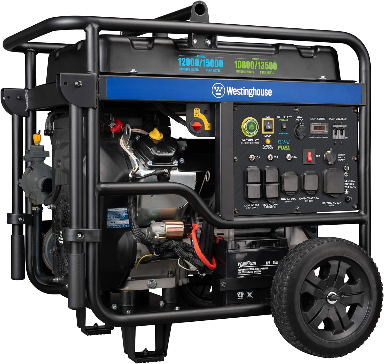 Westinghouse Outdoor Power Equipment WGen9500DF Dual Fuel Portable Generator 9500 Rated and 12500 Peak Watts Gas or Propane Powered, Electric Start, Transfer Switch & RV Ready CARB Compliant