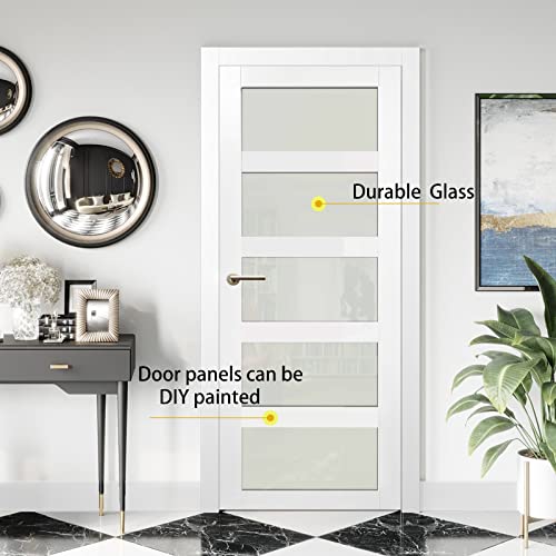 30"x 80" French Interior Slab Door - 5 Lites Tempered Frosted Glass Pantry Door Panels, Closet & Bathroom Single Door, White Primed, MDF - Panel Need to Assembly