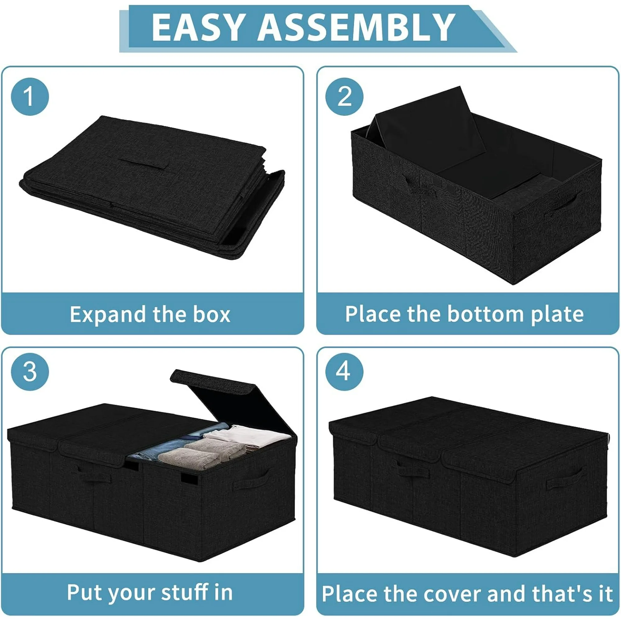 Deep Under Bed Storage Container, 10 Tall Height Underbed Box Bin with Lids 31 Long Large Basket for Under Bed, Bedroom, Dorms, Clothes, Bed sheets, Blankets, 2 Pack, Black