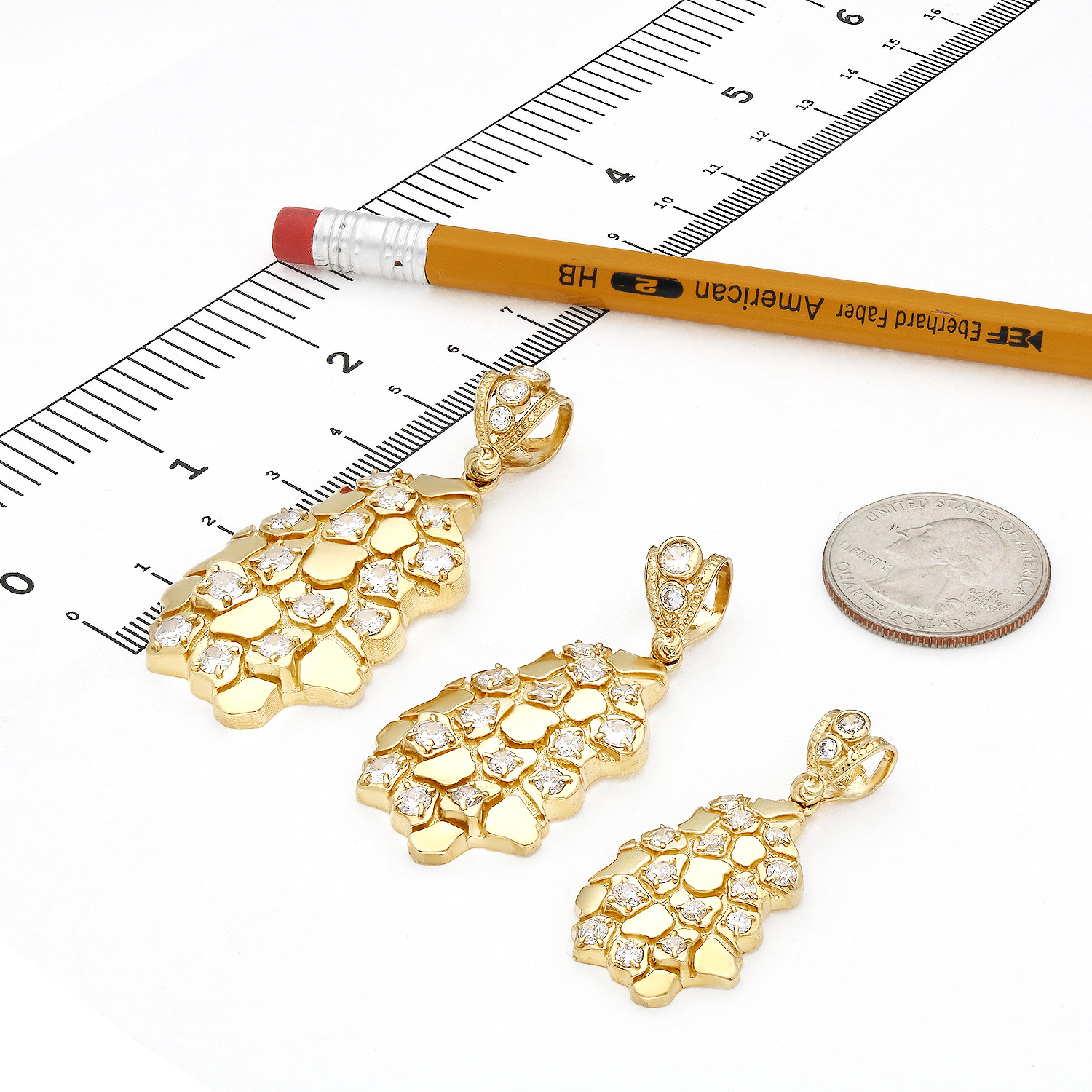10K Yellow Gold Simulated Diamond Nugget Pendant 1.5"-2.3"