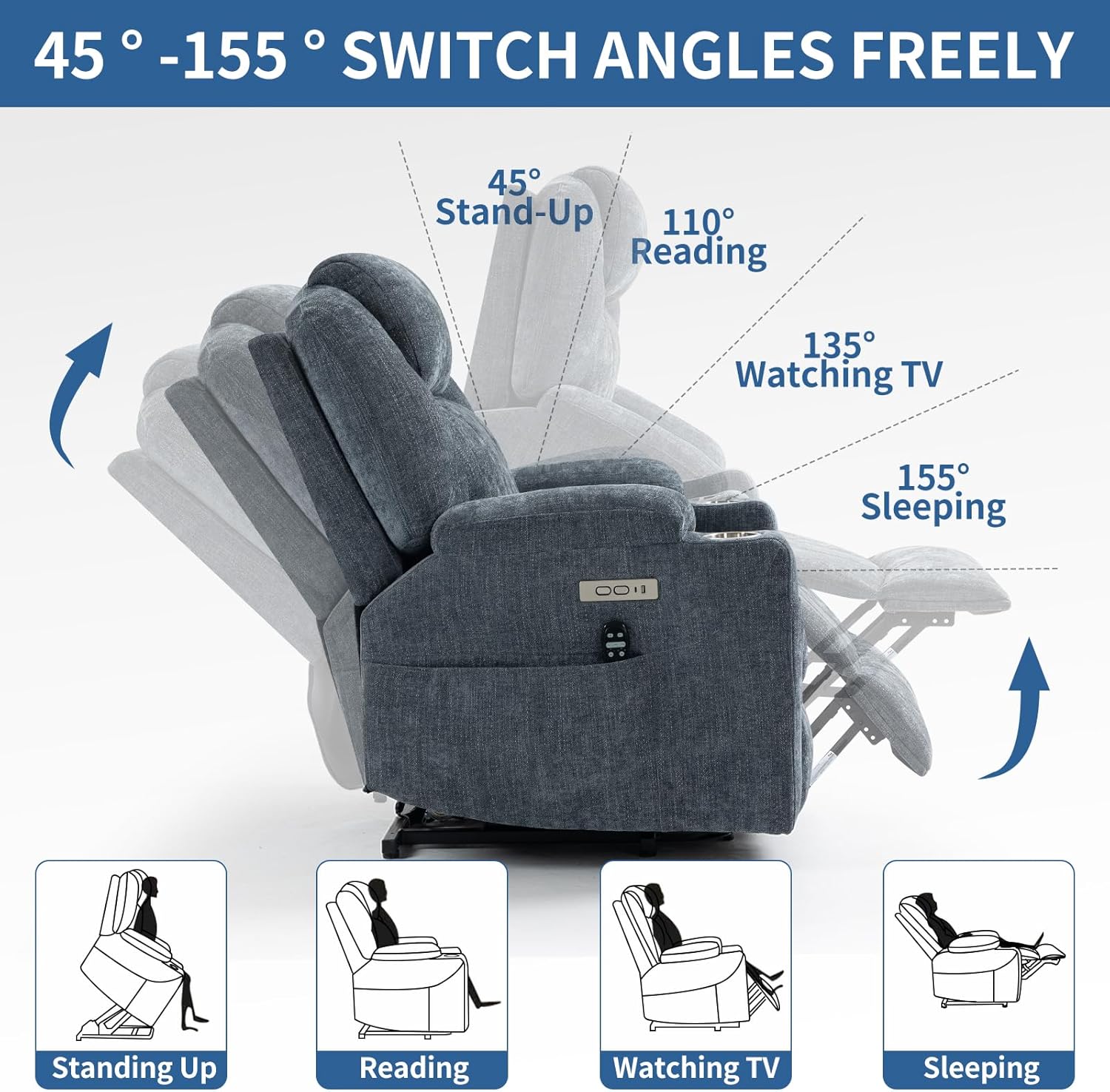 Chenille Power Lift Recliner Chair,Heavy Duty Motion Mechanism with 8-Point Vibration/3 Modes Massage/Lumbar Heating/USB/Type-C Ports/Stainless Steel Cup Holders,for Elderly,Blue, 35.43" D