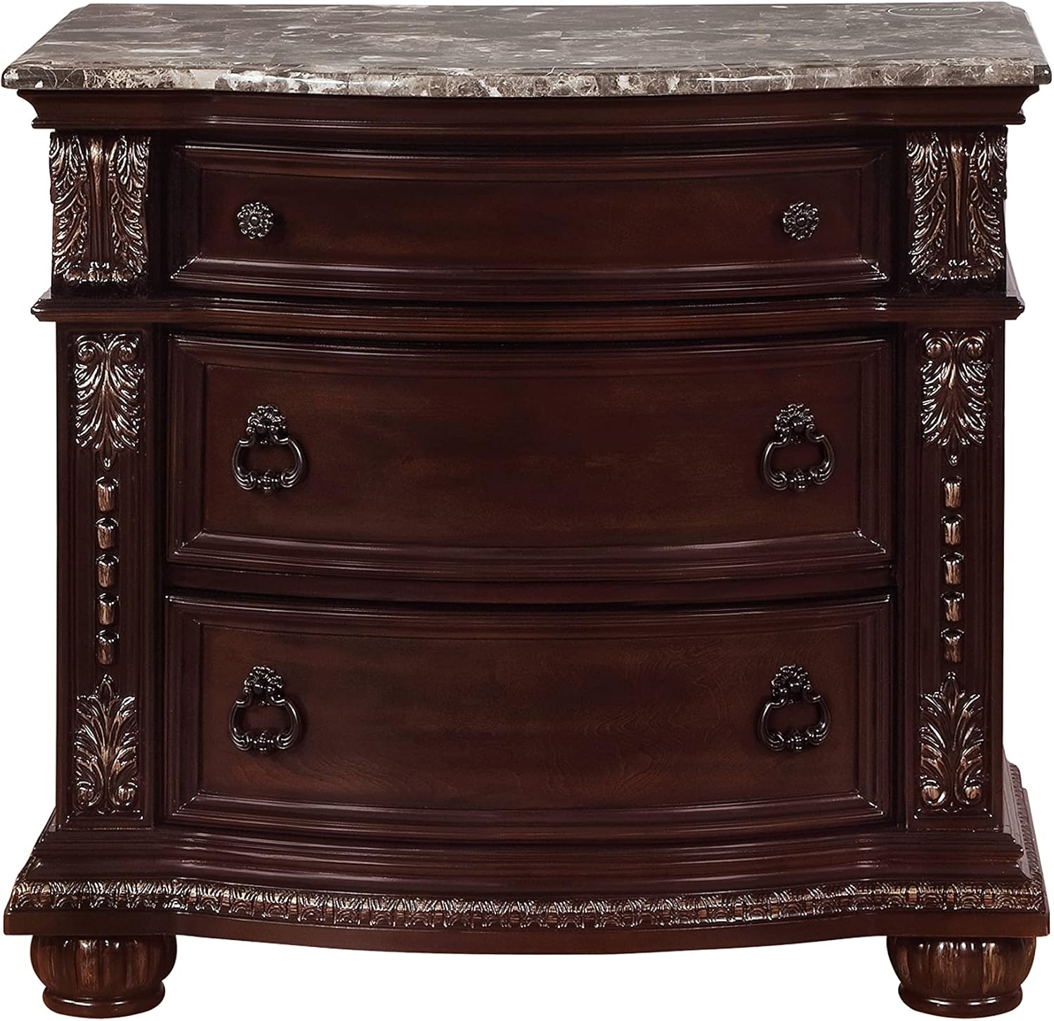 1Pc Traditional Style End Table 3-Drawer Nightstand with Marble Top Rich Brown Cherry Finish Solid Wood Wooden Bedroom