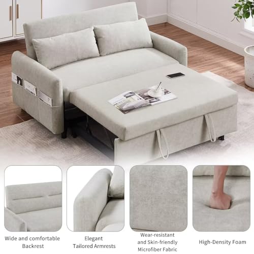 55.1" Pull Out Sleep Sofa Bed Loveseats Sofa Couch with Adjsutable Backrest, Storage Pockets, 2 Soft Pillows, w USB Port/Pull Out Bed, Bedroom, Apartment, Office
