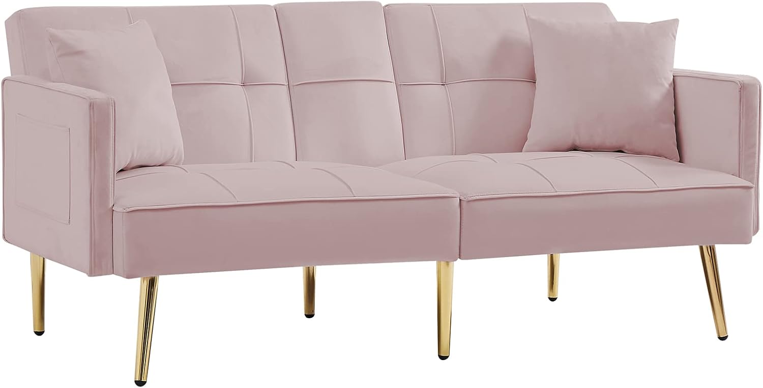 WILLIAMSPACE 69" Velvet Modern Convertible Love Seat, Futon Loveseat Sleeper Sofa Bed with 2 Cup Holders, Metal Legs for Small Living Room, Apartments - Pink